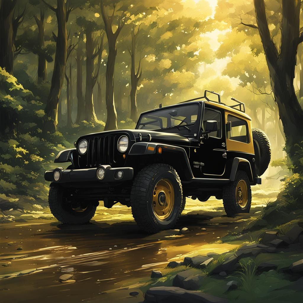 Black and Gold Jeep in Anime Key Visual Style