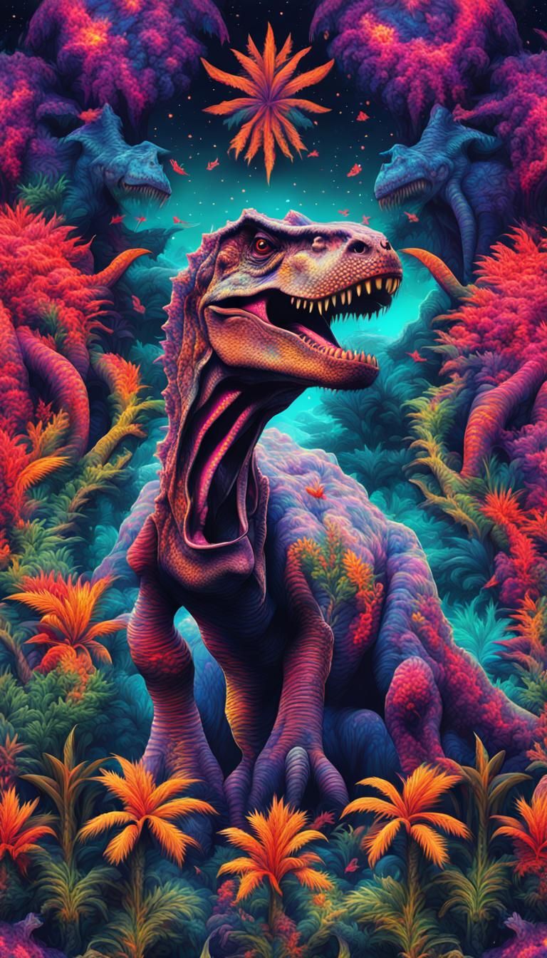 Kaleidoscope Dinosaur in Space Jungle Pattern