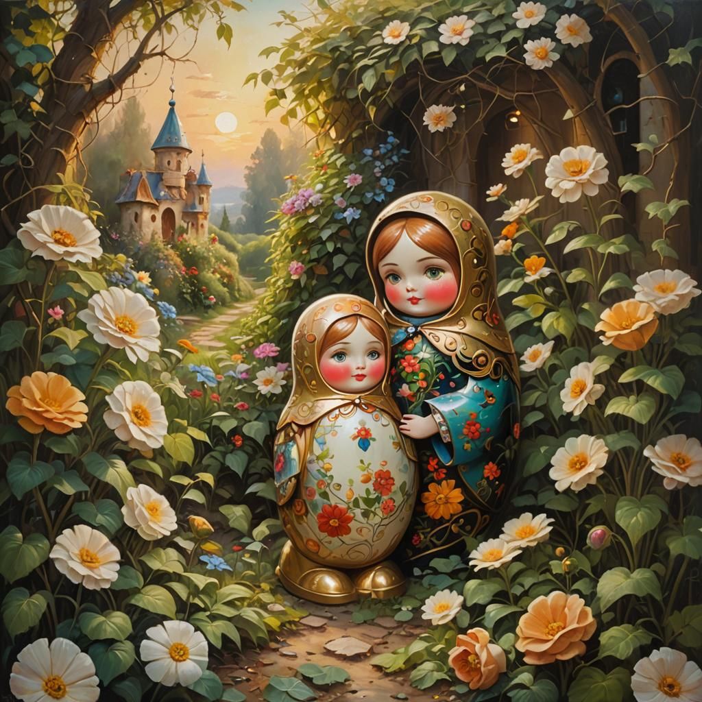 Russian Doll and Humpty Dumpty in Oil Painting