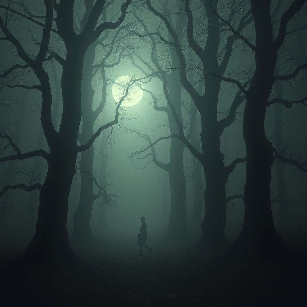 Mystical Figure in Moonlit Forest: Hyperrealistic Rendering