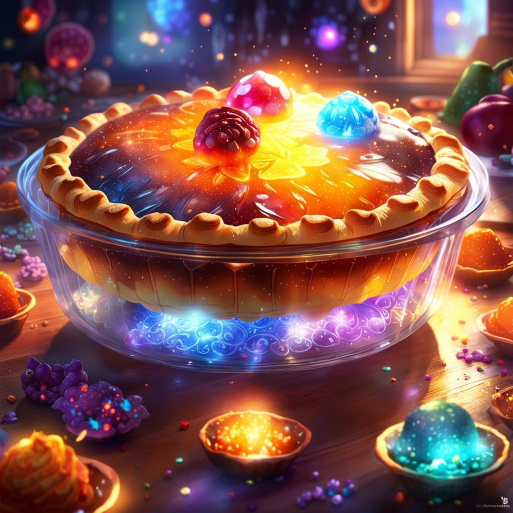 Delicious Pie with Crystal Dish and Glowing Particles