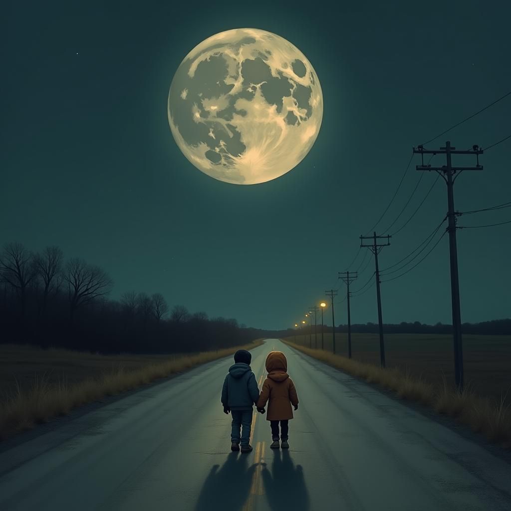 Children Under Giant Moon in Dreamlike Surrealism