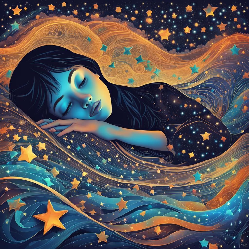 Surreal Girl Under Sparkling Stars in Abstract Style