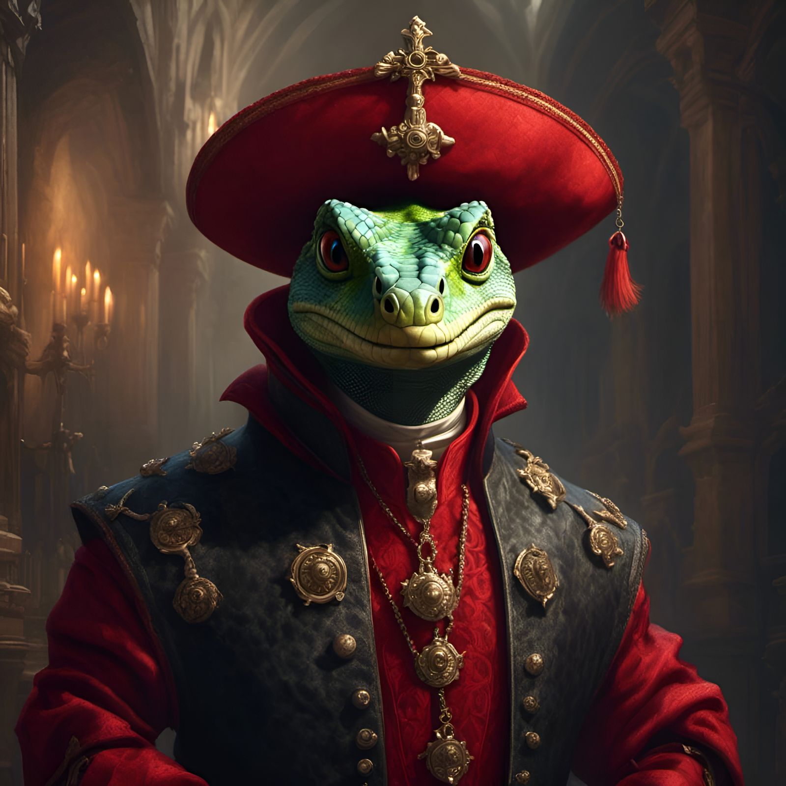 Scary Gecko Character Portrait in Inquisition Clothing