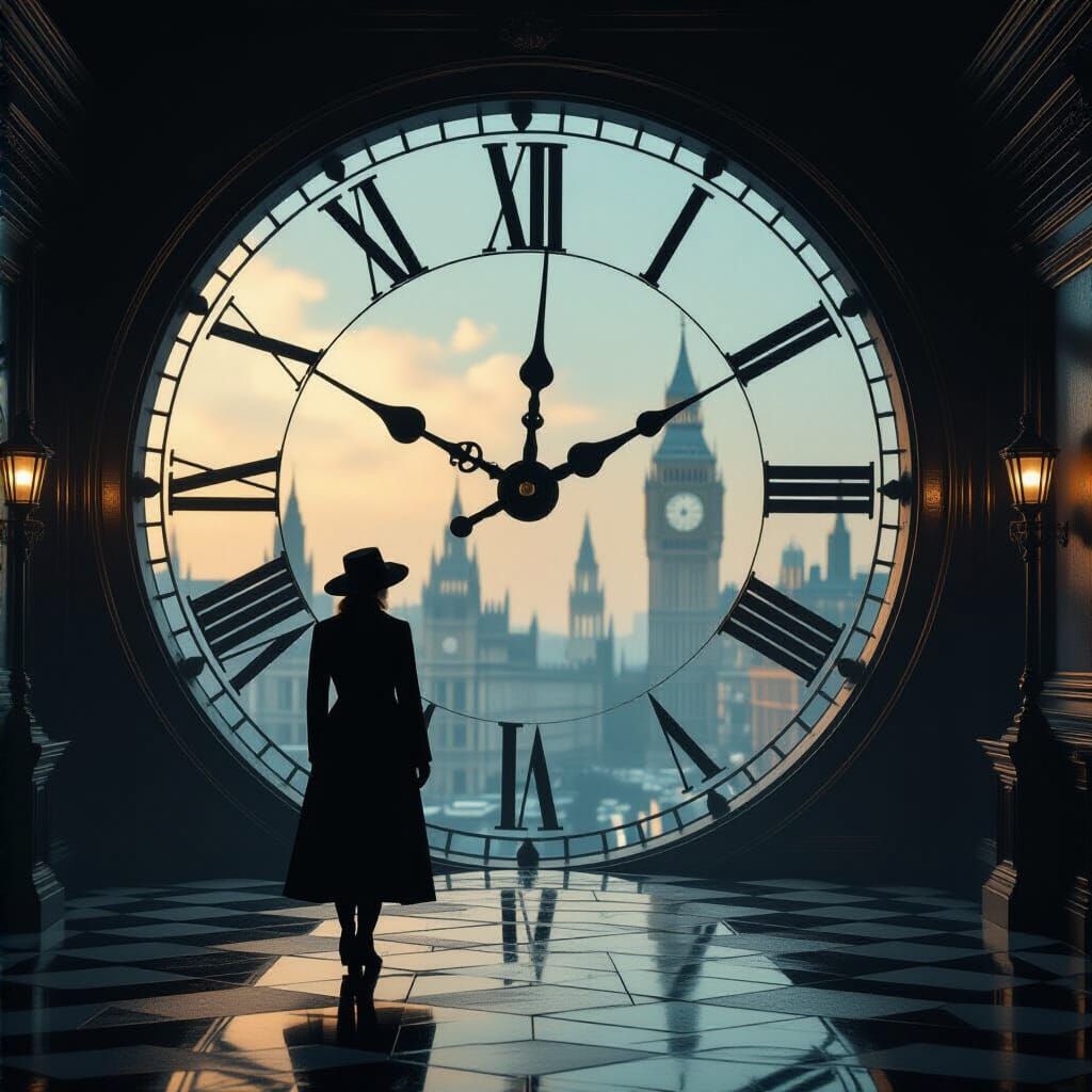 Time Traveler at the Meeting of Eras: Hyperrealistic Scene