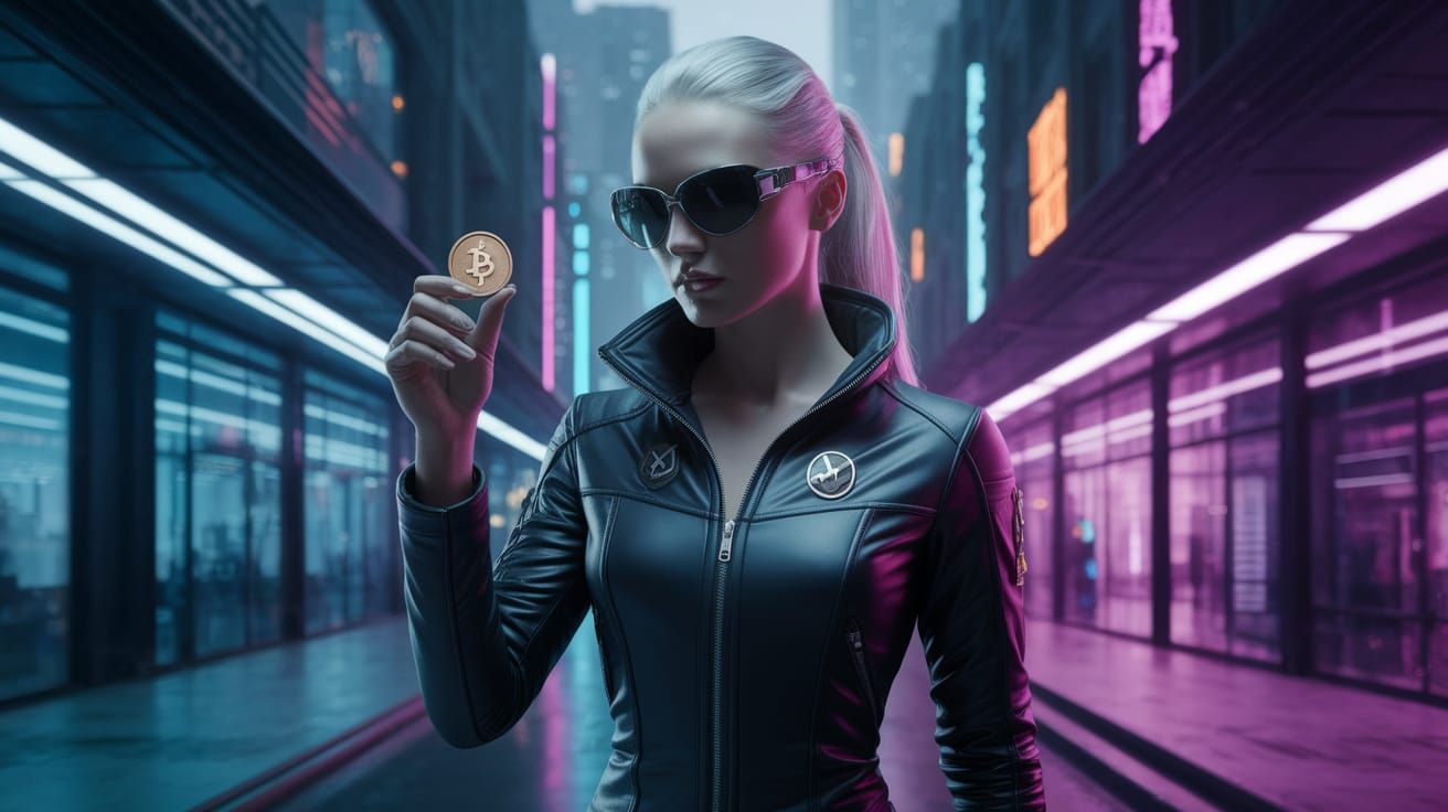 Futuristic Fashion Model with Monero Coin in Cyberpunk City