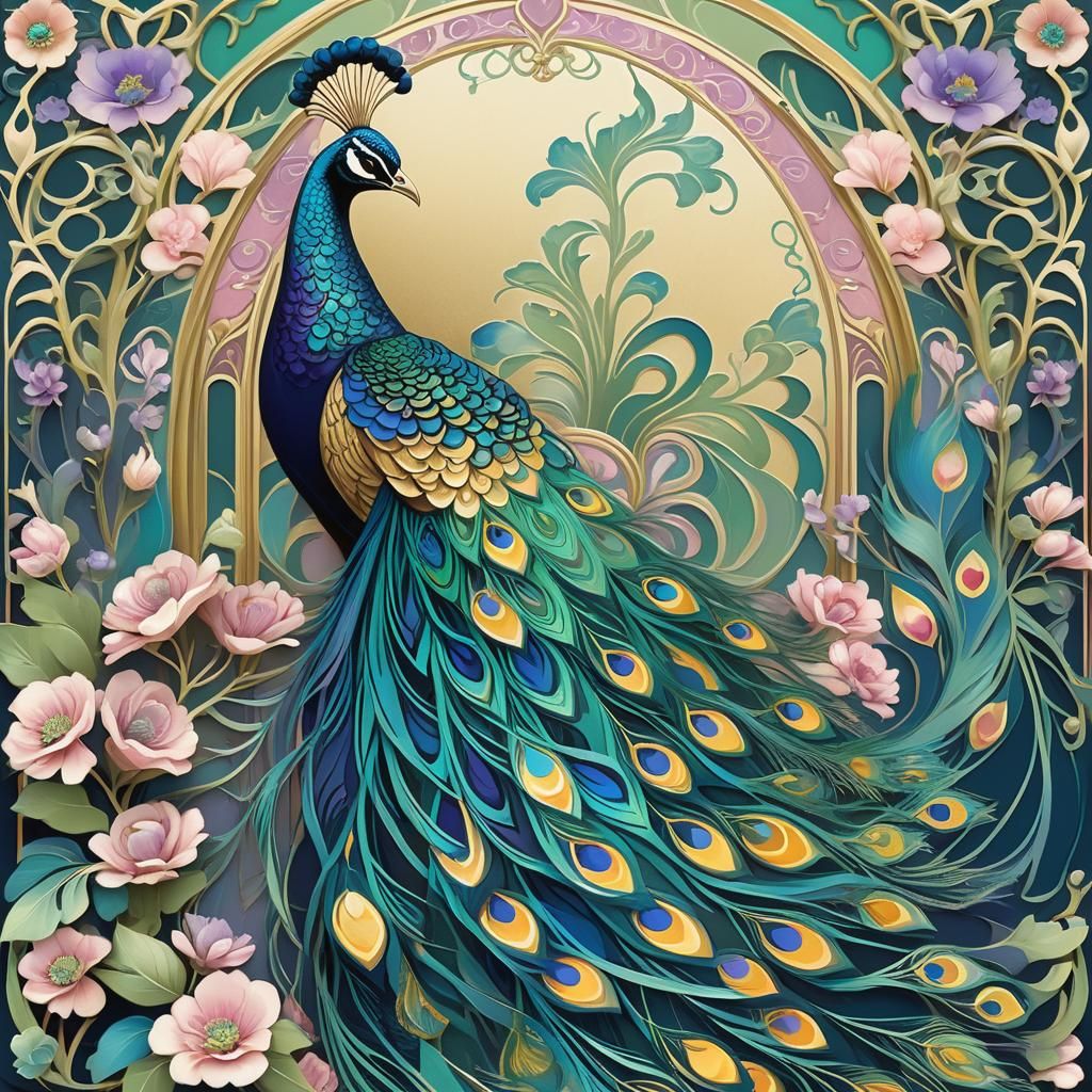 Stylized Peacock in Art Nouveau Setting