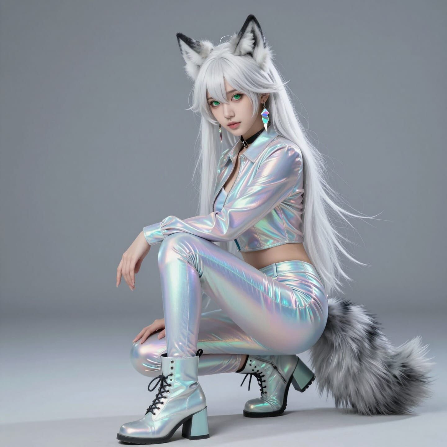 Woman With Wolf Ears and Tail in Iridescent Outfit