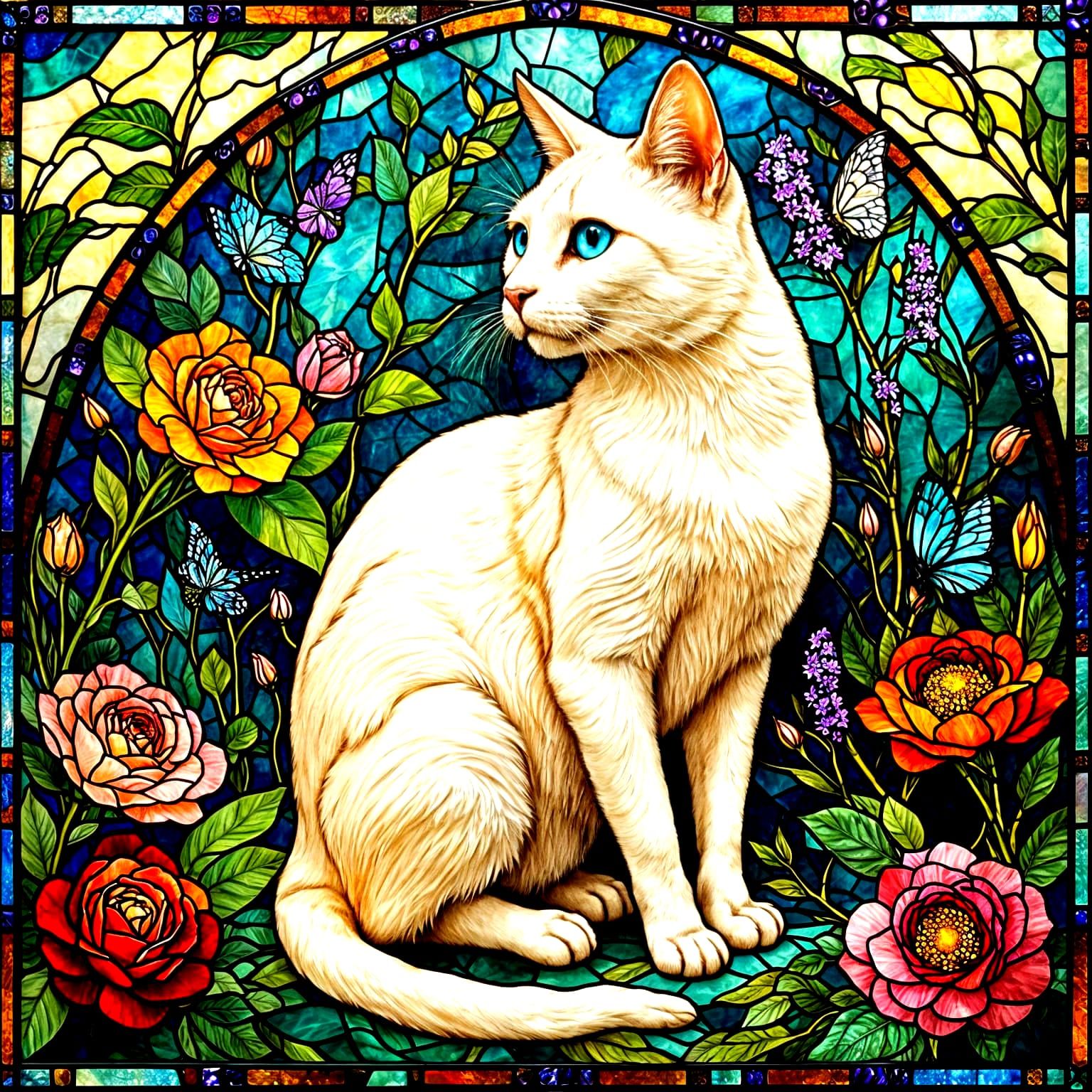 White Cat with Blue Eyes in Art Nouveau Garden