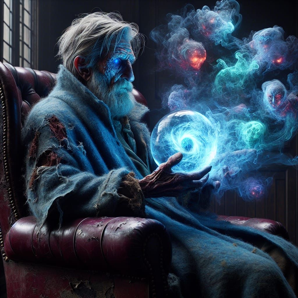 Elderly Man with Crystal Orb and Mystical Apparitions