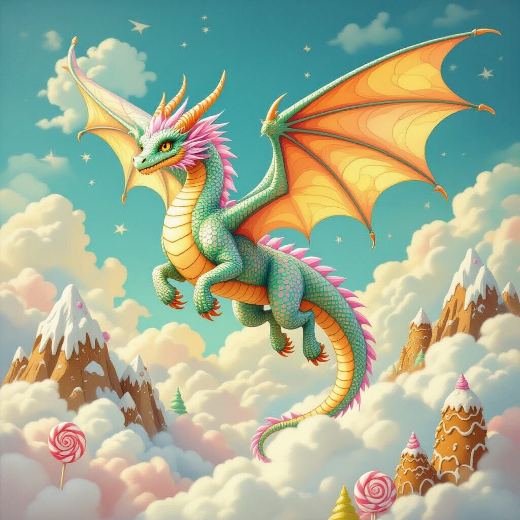 Dragon of Rock Candy and Spun Sugar Flies Over Marshmallow C...