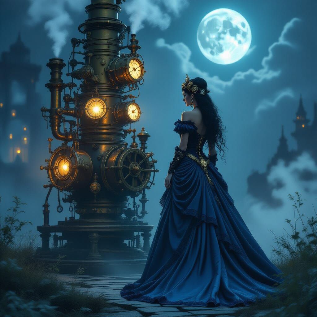 Steampunk Night Goddess Beside Intricate Engine