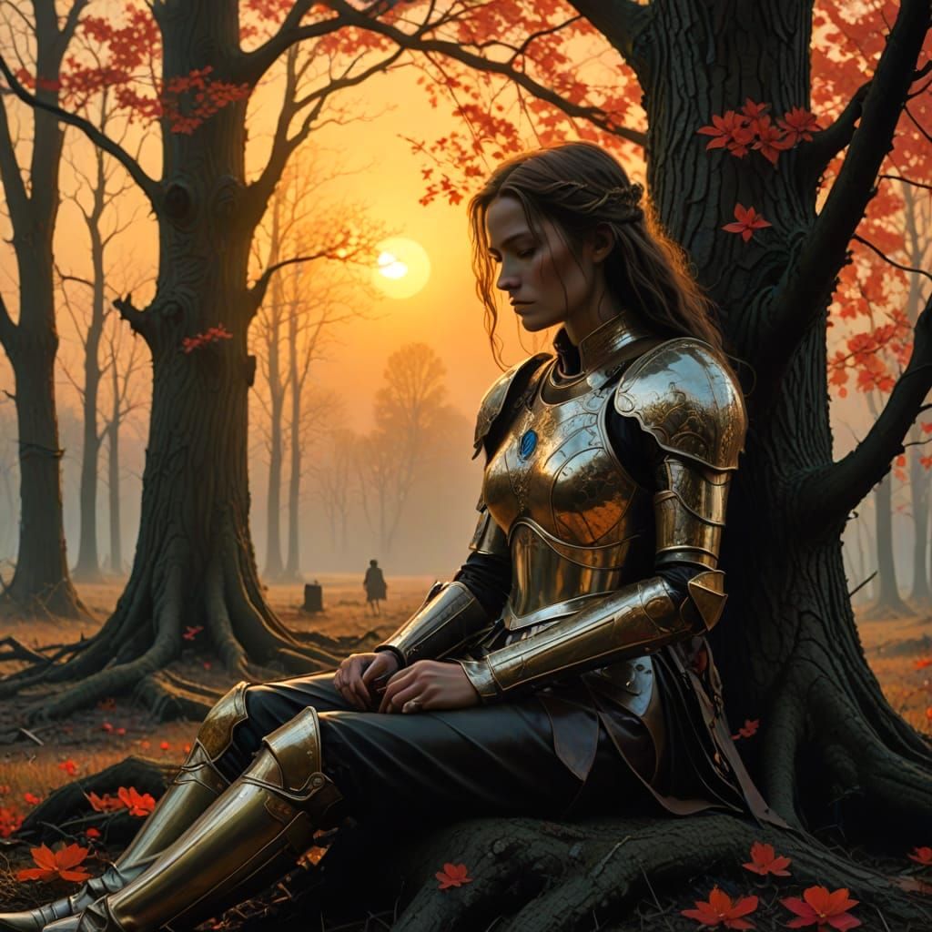 Woman Knight Lost in Thought Amidst Ancient Tree