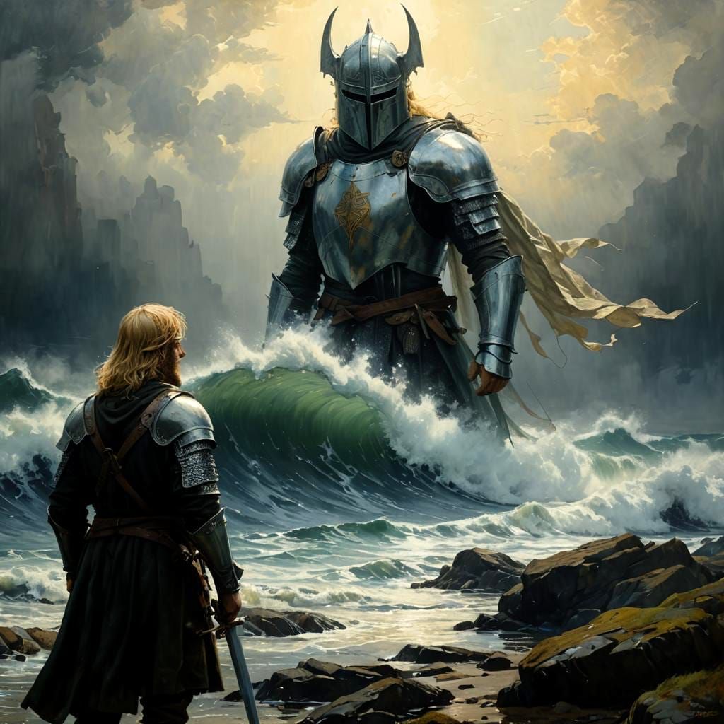 Mythical Knight Meets the Ocean God in Stormy Night