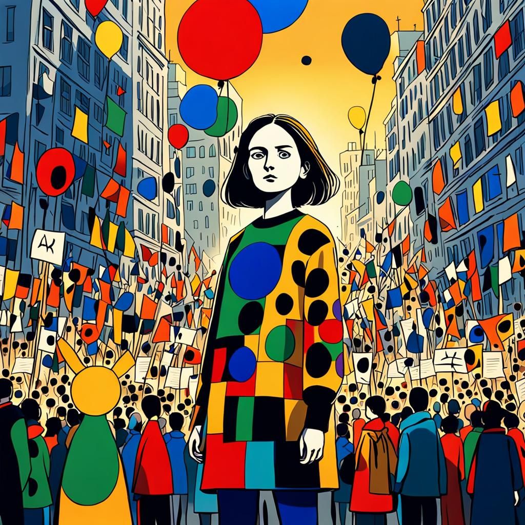 Woman Protesting in City Square, Miro-Inspired Concept Art