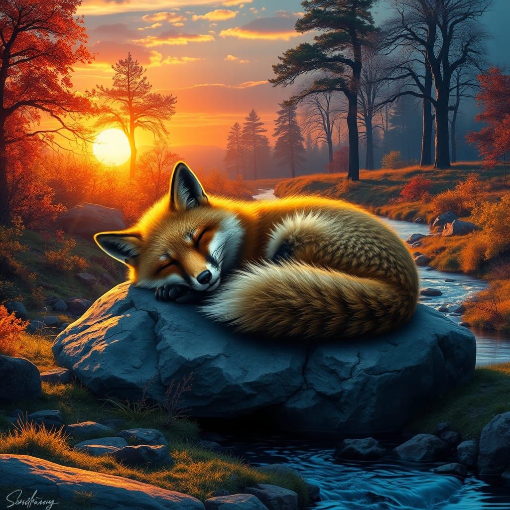 Sleeping relaxed Fox curled up on a sitting Bathed in the warm glow of a sunrise, a tranquil landscape unfolds, where ge...