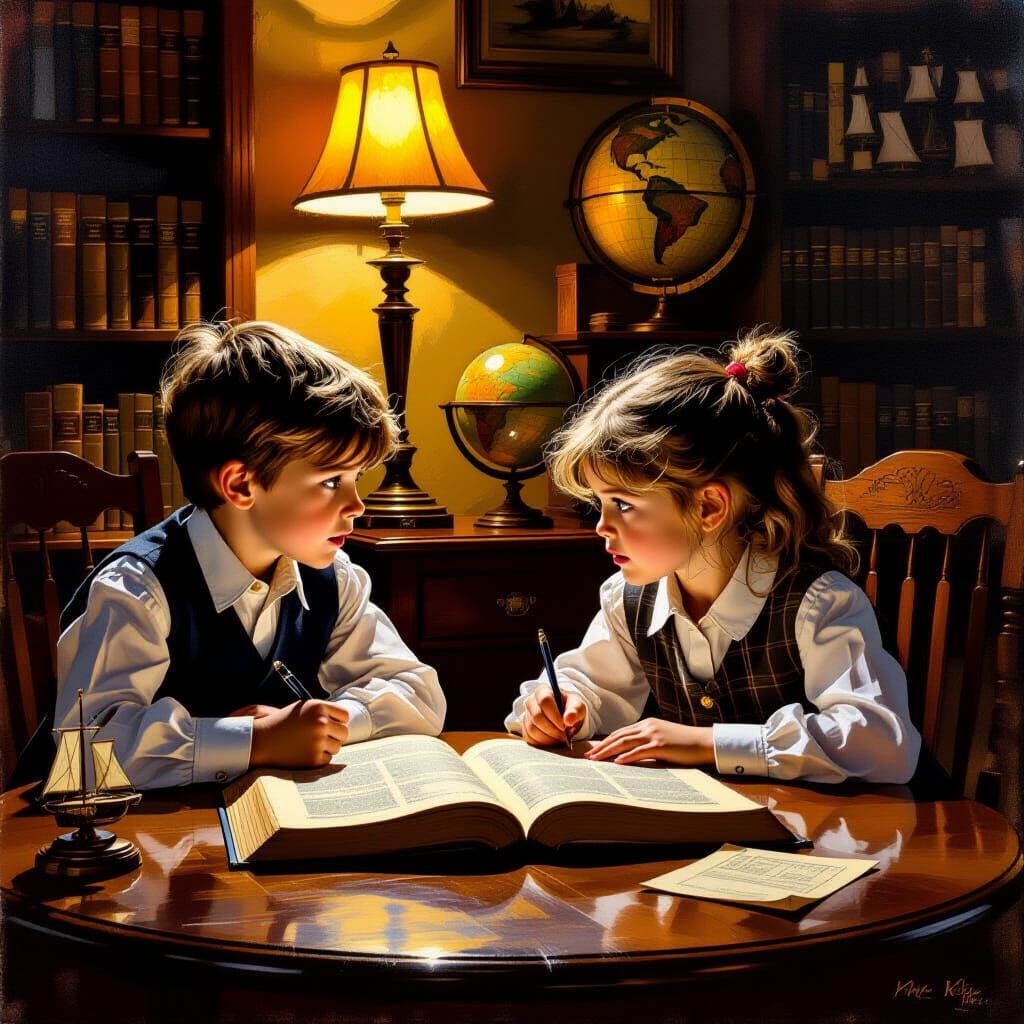 Siblings Debate History Book in Cozy Study, Rembrandt Style