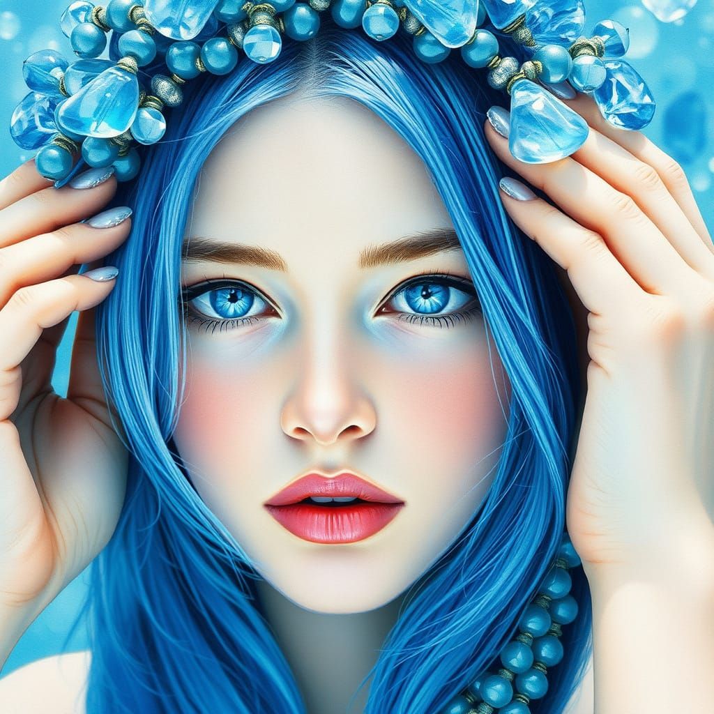Surreal Blue-Haired Woman in Underwater Fantasy Realm