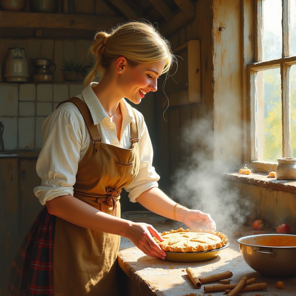 Scottish Woman Baking Pie in Rustic Kitchen Oil Painting