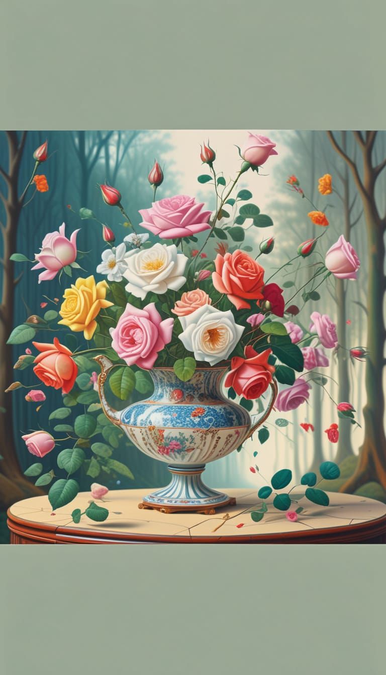 Surreal Woman with Blooming Hair in Abstract Forest