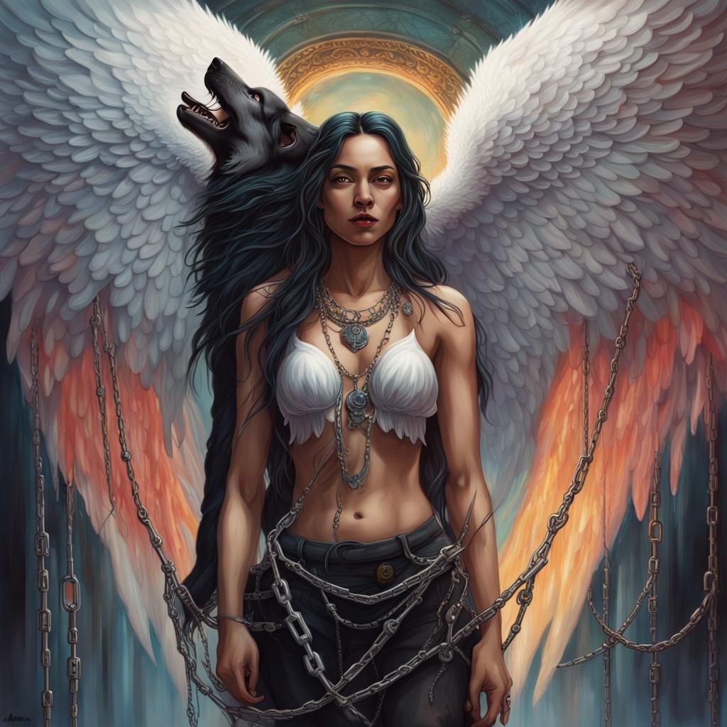 Captive Angel with Wolf: Hyperrealistic Concept Art