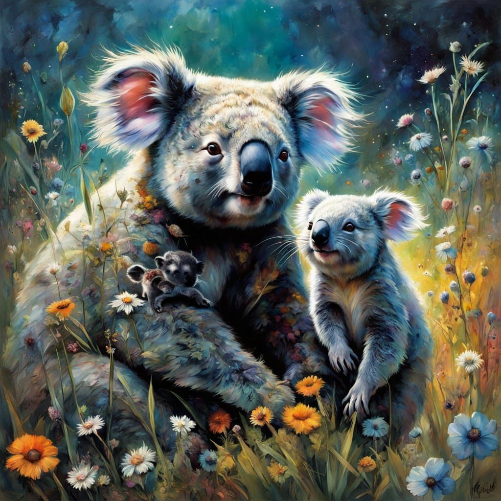 Koala and Wombat in Wildflower Field at Night