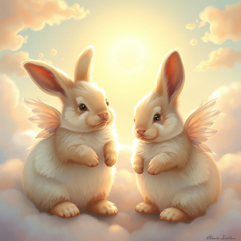 Chubby Bunnies with Wings in a Dreamy, Whimsical Scene
