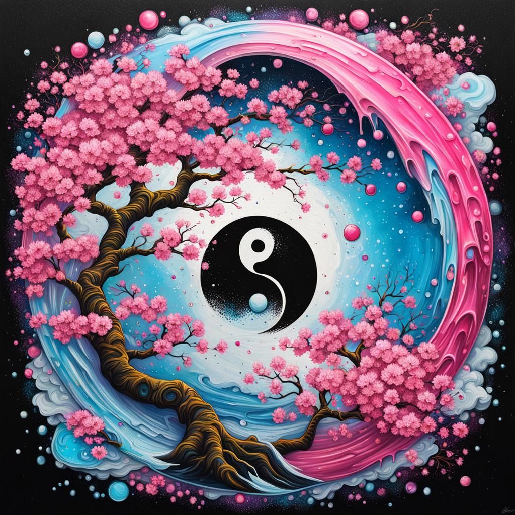 Glittering Cherry Blossom Yin-Yang in Graffiti Art
