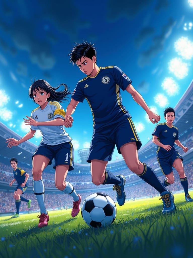 Dynamic Anime Soccer Scene in Vibrant Cel-Shaded Style