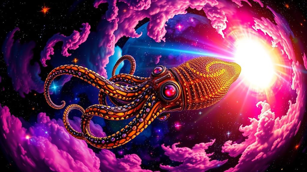 Bioluminescent Space Squid in Neon Galaxy