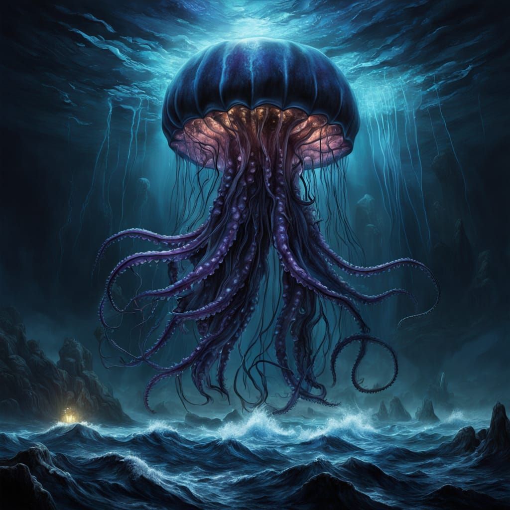 Gigantamax Jellyfish in Dark Ocean Depths