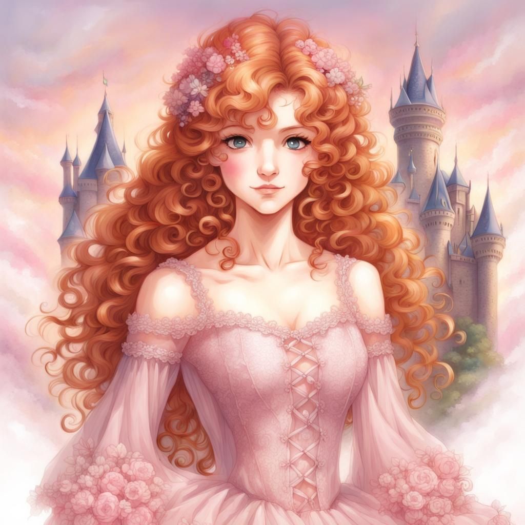 Anime Girl in Pink Lace Dress with Castle