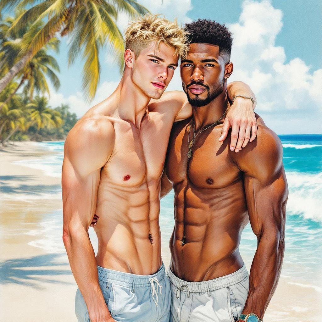 Gay Couple Embrace: Hyperrealistic Color Pencil Drawing