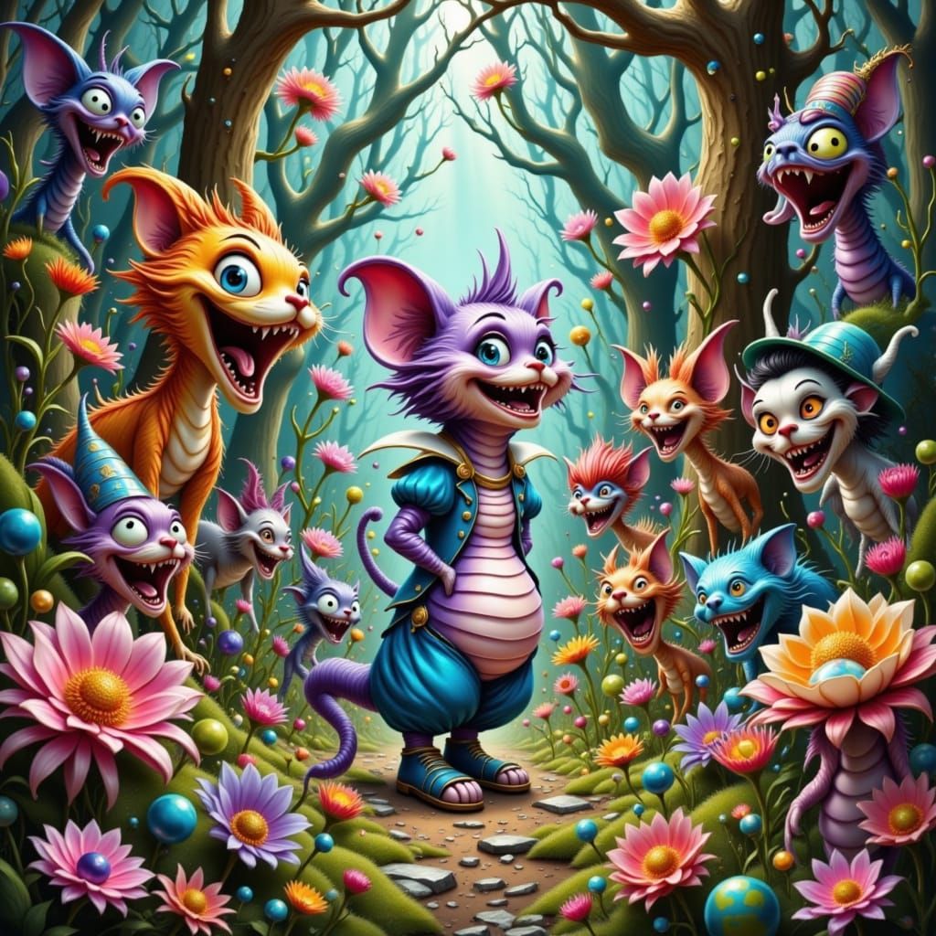 Alice in Wonderland Creatures in Dreamlike Environment
