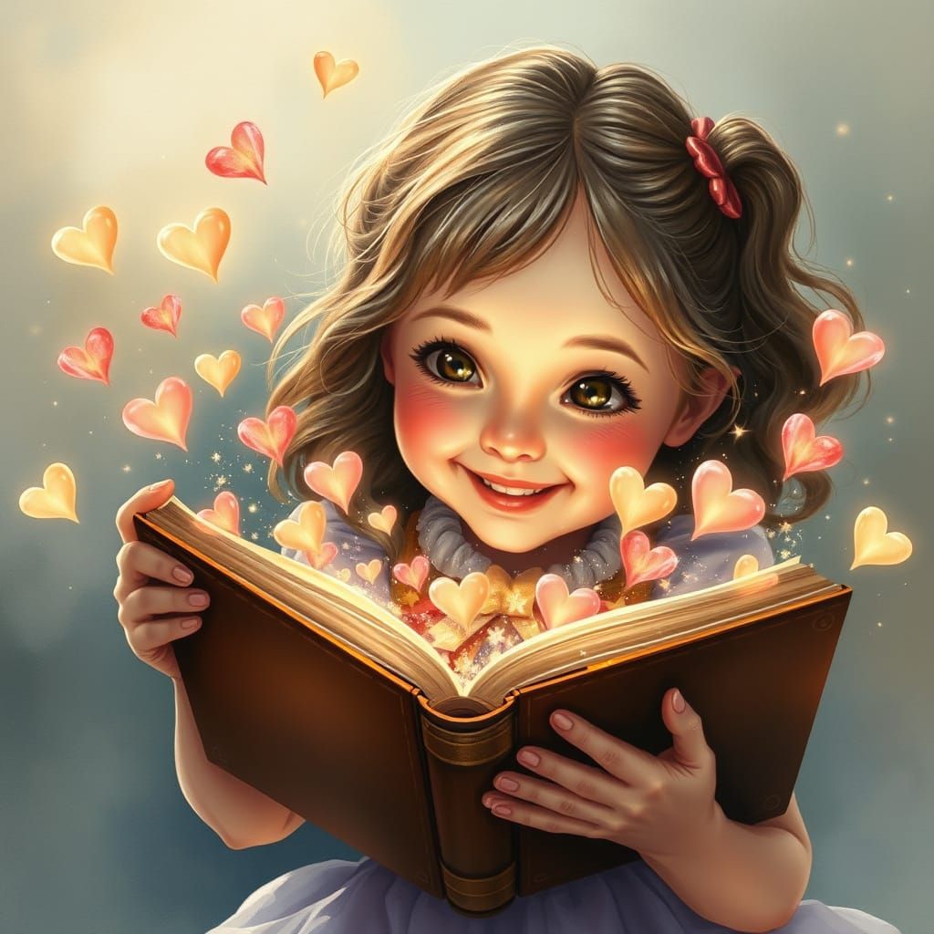 Whimsical Girl Among Glowing Hearts in Ethereal Dreamscapes