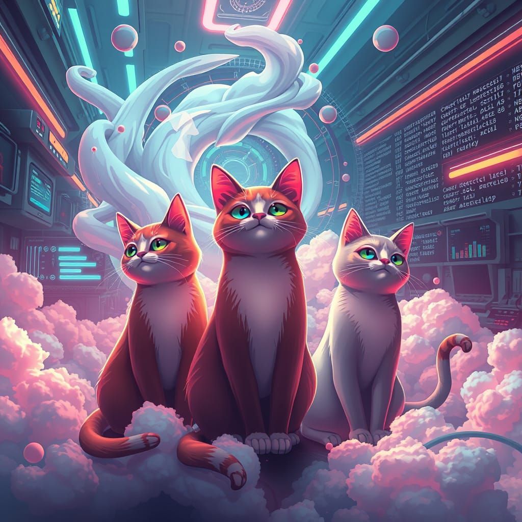 Whimsical Cats in a Futuristic Cyberpunk Lab