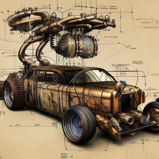 Steampunk Car Schematics in Leonardo da Vinci Style