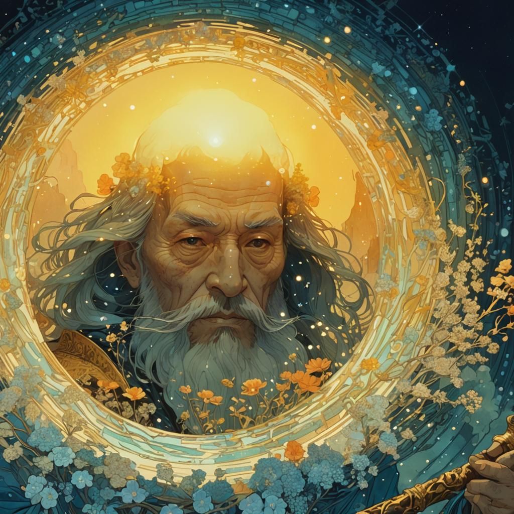 Wizard with Sunflower in Victo Ngai Art Style