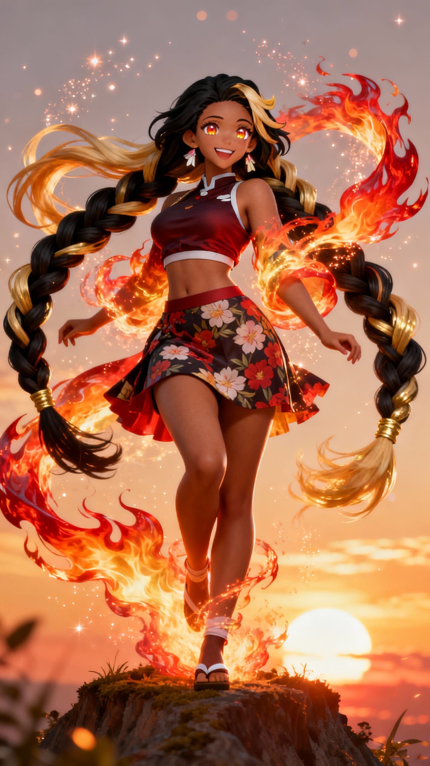 Fiery Sunset Goddess with Braided Hair