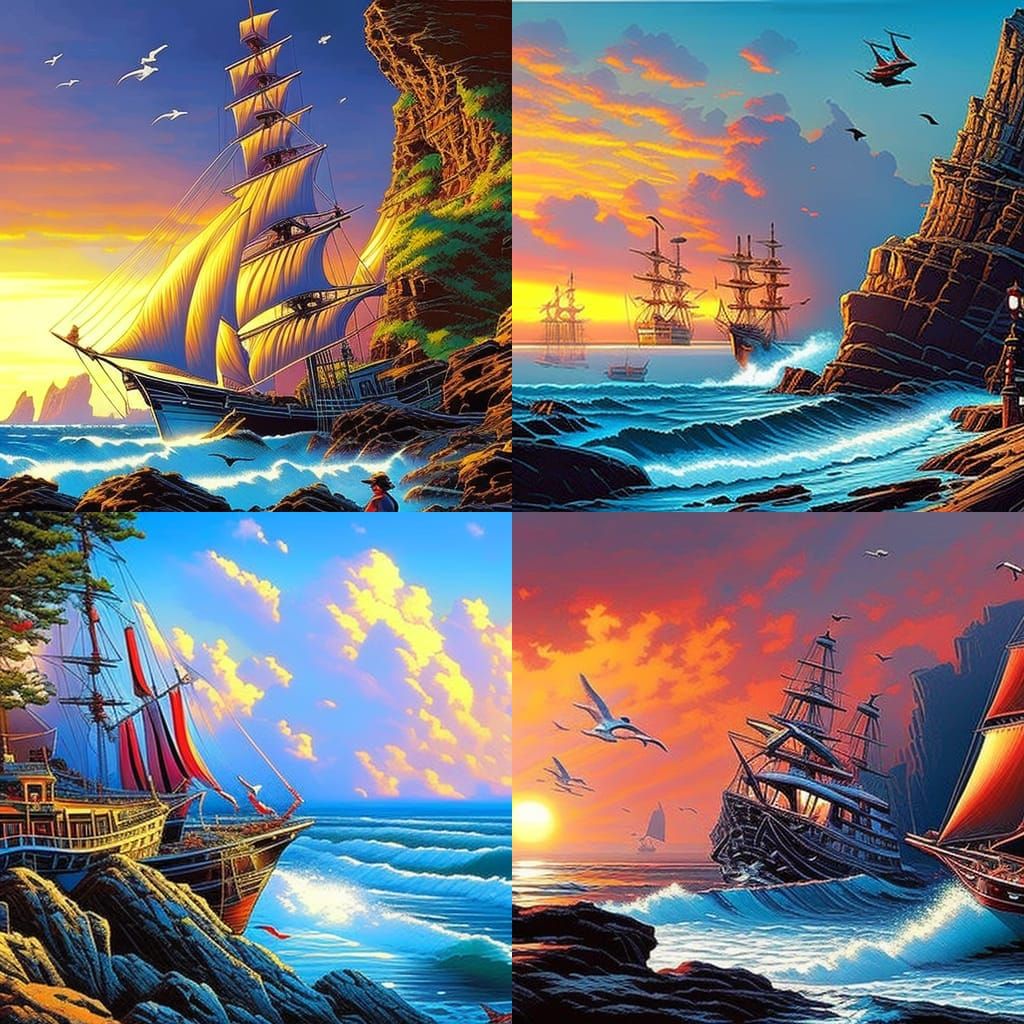 Clipper Ship on Ocean in Luminous Style