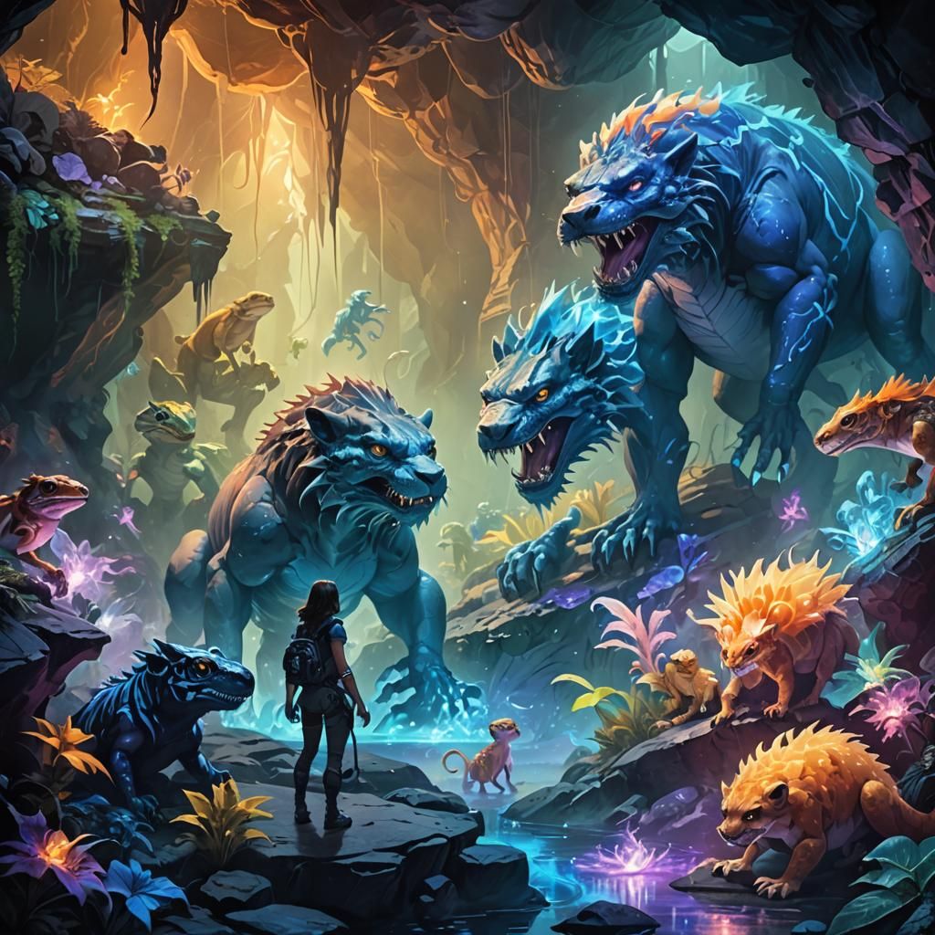 Ethereal Cavern: Adventurer's Bioluminescent Creature Encoun...