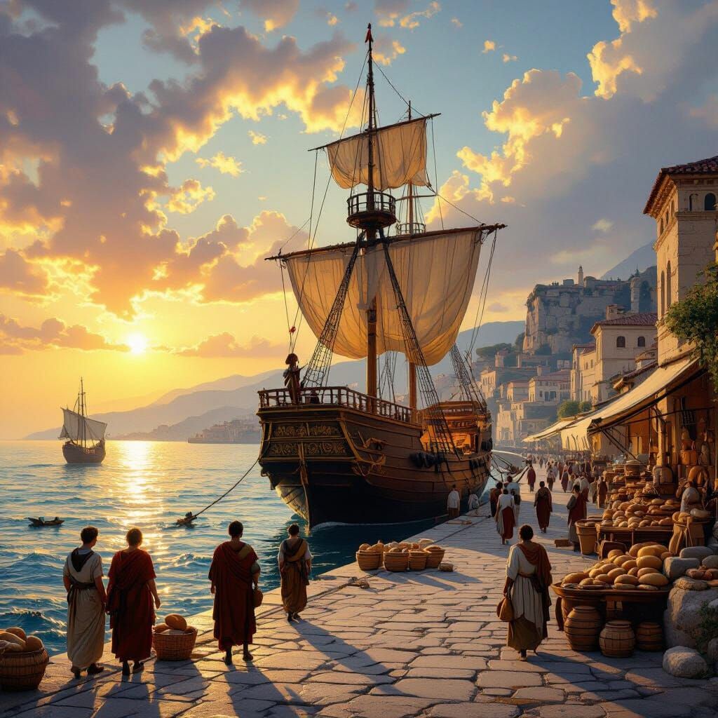 Ancient Roman Port Scene in Classical Oil Painting Style