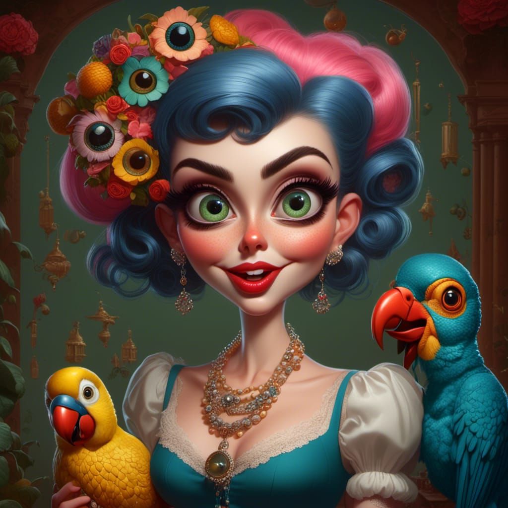 Googly-Eyed 1950s Pinup Caricature with Parrot