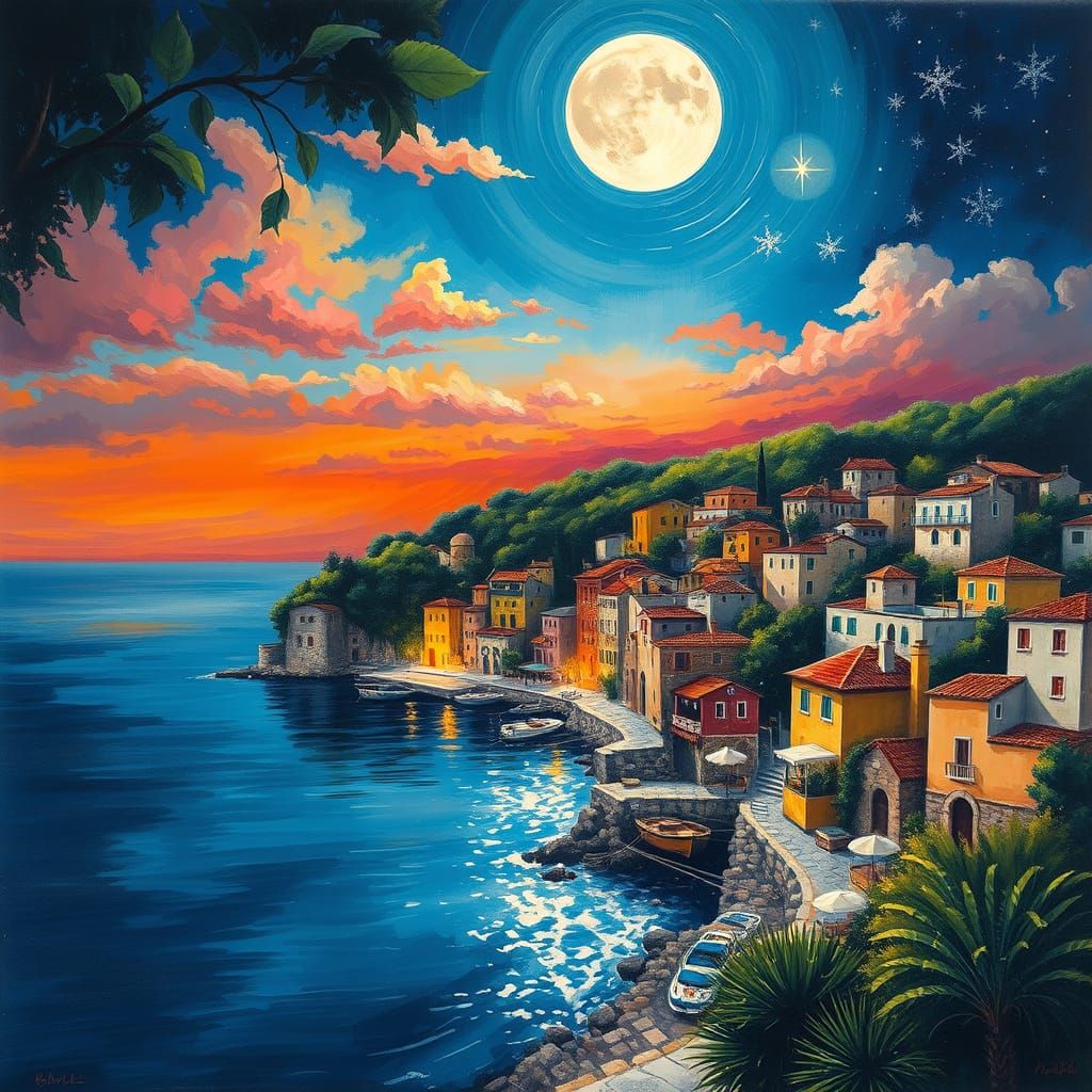 Mediterranean Town Gouache Painting Under Summer Night Sky
