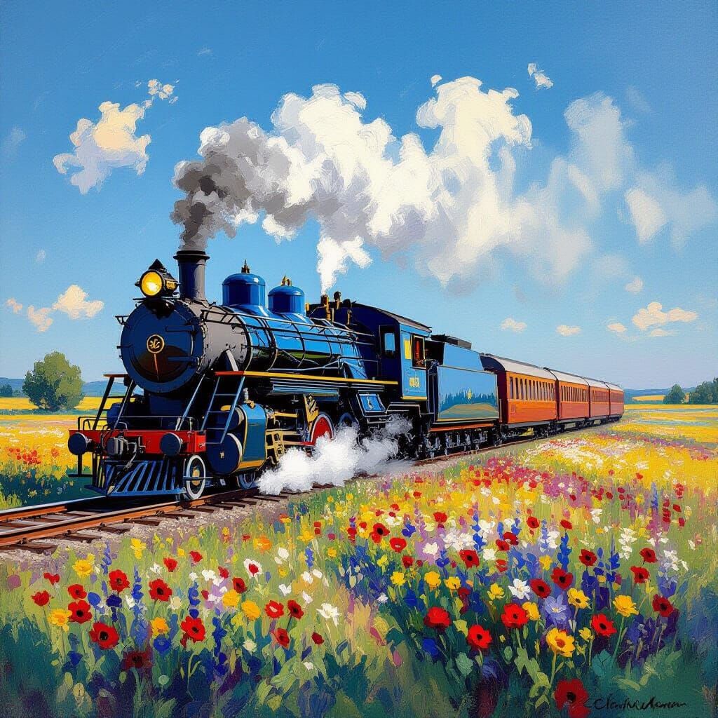 Vintage Steam Train Through Wildflower Field in Monet Style
