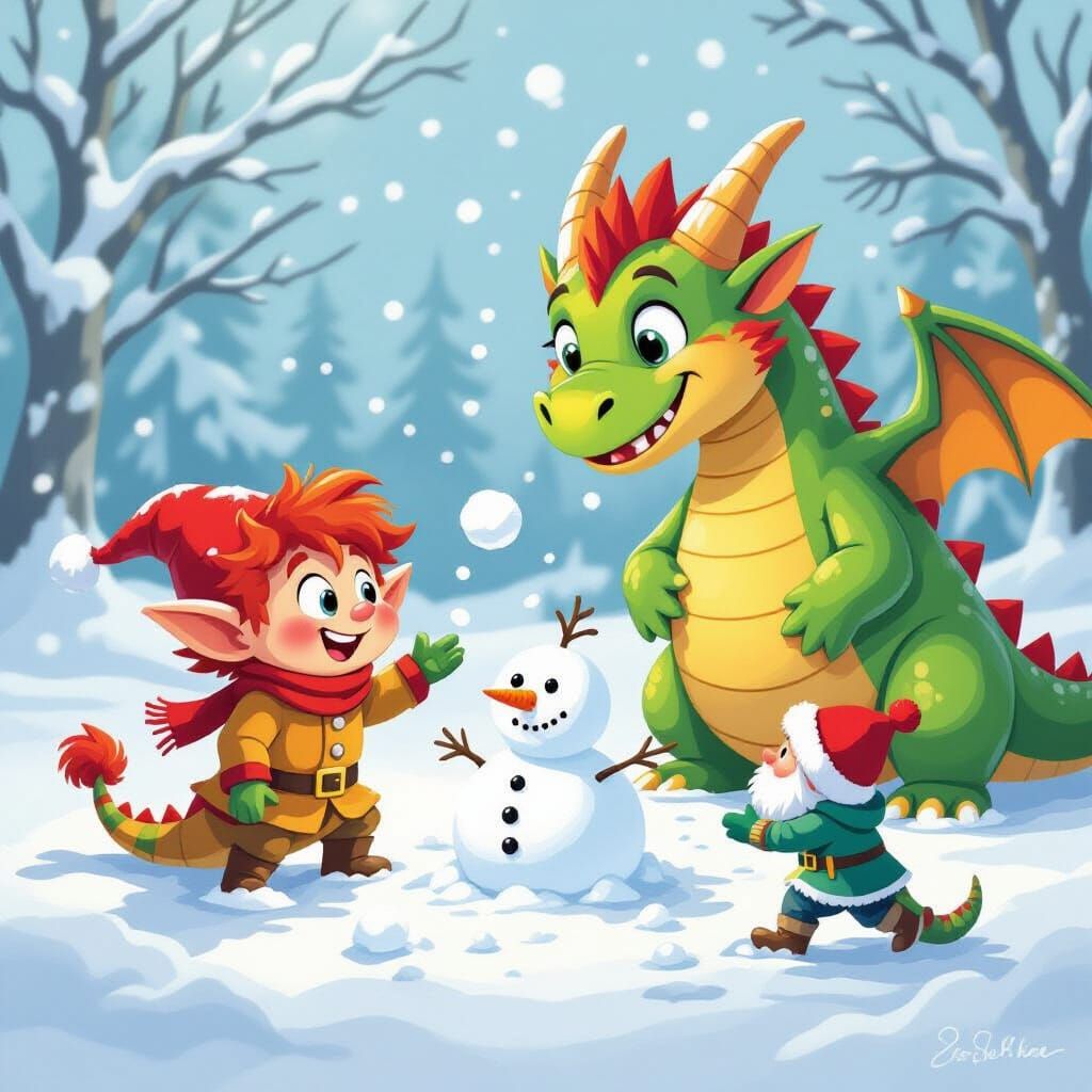 Pumuckl and Tabaluga Make Snow Angels in Winter Wonderland