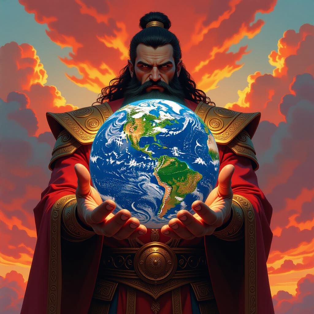 Giant Holds Earth: Fantasy Art with Cinematic Lighting