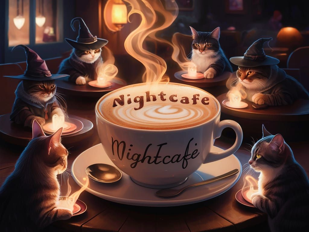 Wizard Cats Enjoy NightCafe in Whimsical Scene
