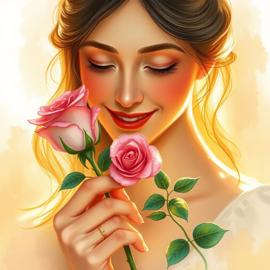 Woman with Rose in Dreamy Watercolor Style