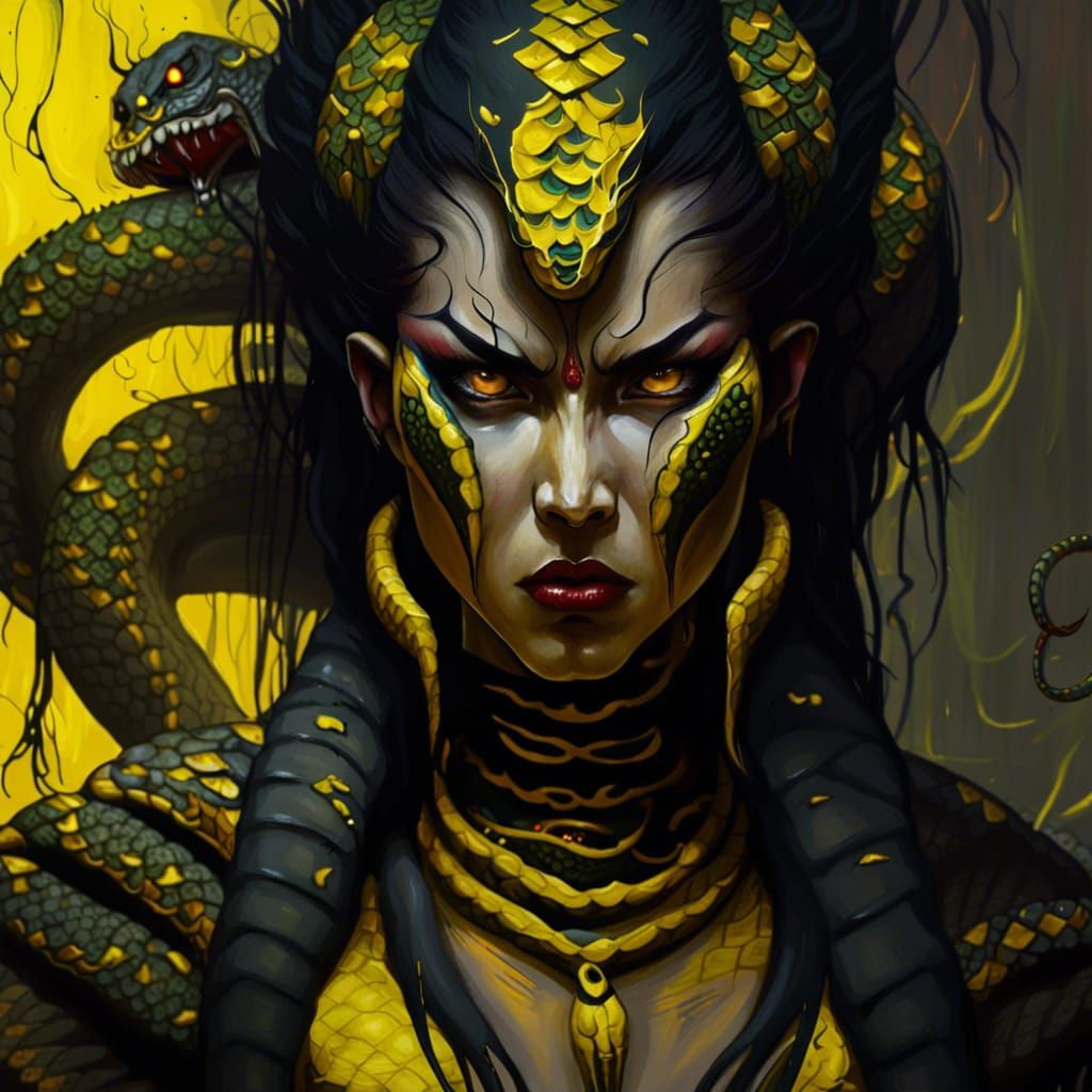 Fearsome Yuan-Ti Snake Woman in Action Painting
